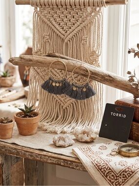 Torrid NWT Gray and Gold Tassel Hoop Earrings